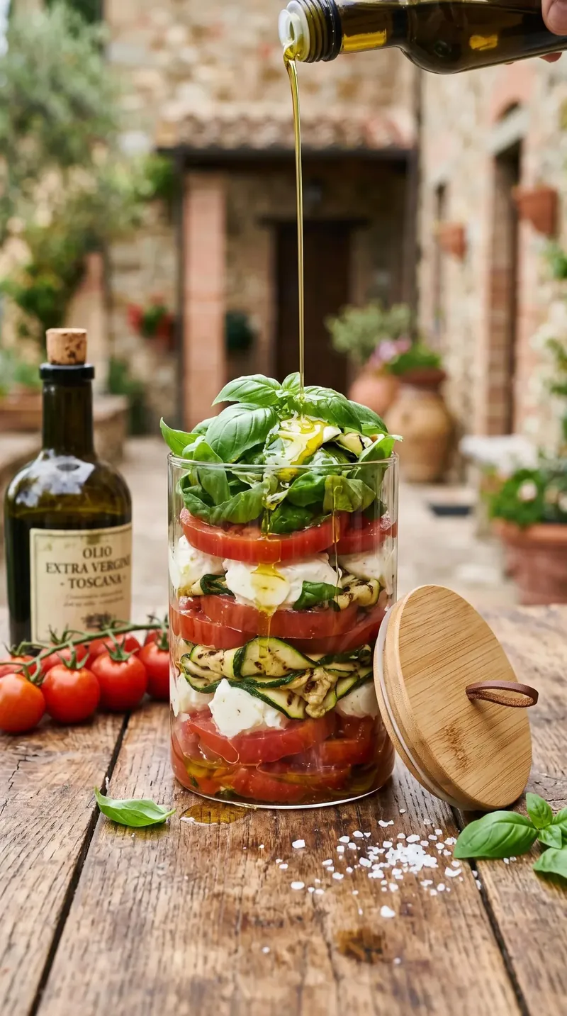 Caprese con zucchine e salsa al basilico